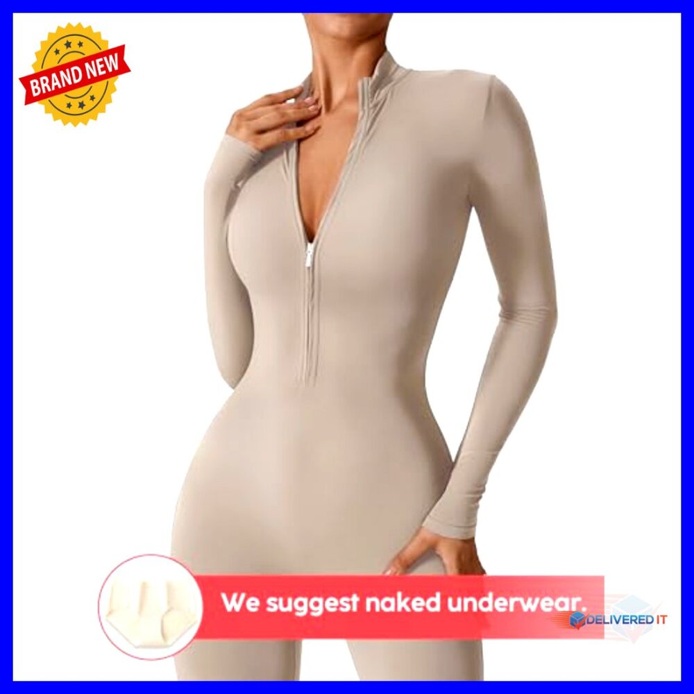 Long Sleeve Jumpsuit Romper Bodysuit Zip Up Workout Bodycon Sexy One Piece - Picture 2 of 6